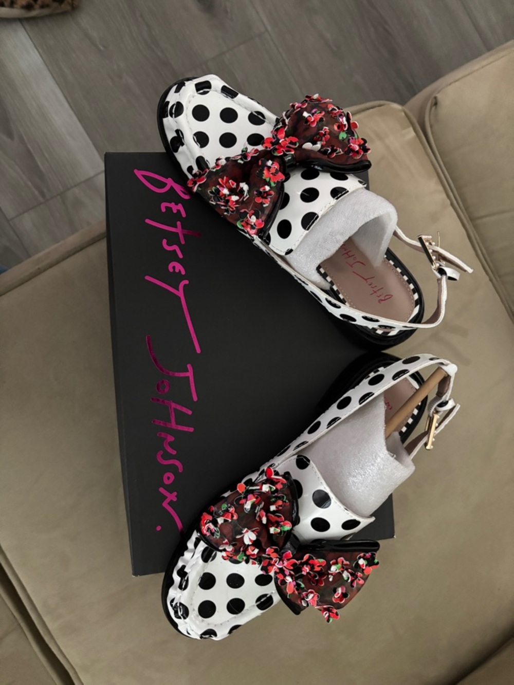 Betsey Johnson Black and White Polka Dot Sandals with Floral Bow Accent